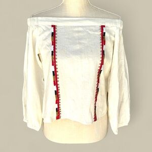 Piper NWOT size small crème quarter sleeve off‎ shoulder beaded red cotton top